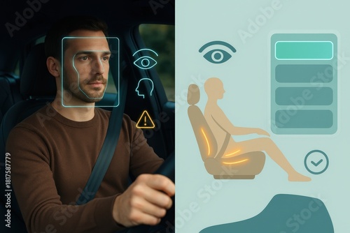 Advanced driver monitoring system integrating facial recognition for safety measures with ergonomic seating adjustments promoting optimal driving comfort and enhanced awareness