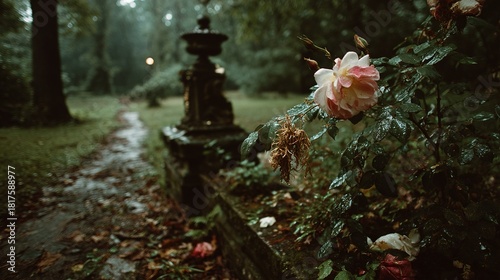 Garden with roses fountain and path in a dark moody setting.