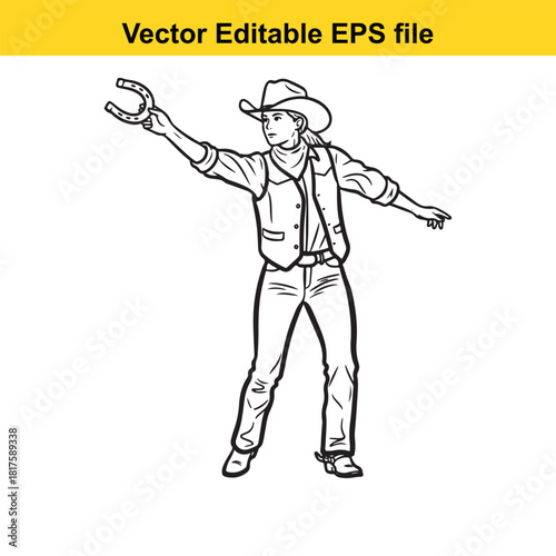 Line art illustration of a cowboy holding a horseshoe, isolated on