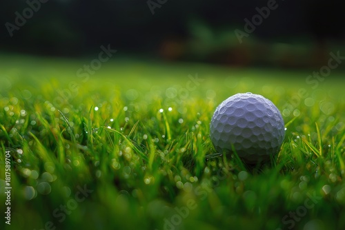 Close-Up of Golf Ball on Dewy Green Grass in Serene Morning Sunlight: A Tranquil Golfing Adventure with Playful Shadows and Early Reflections
