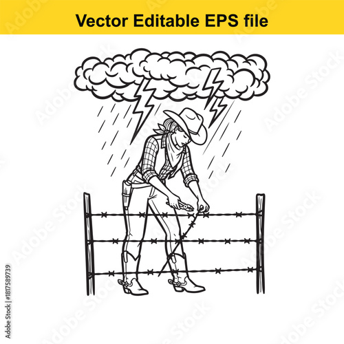 Cowgirl repairing barbed wire fence during a thunderstorm with lightning and rain, vector illustration, isolated on