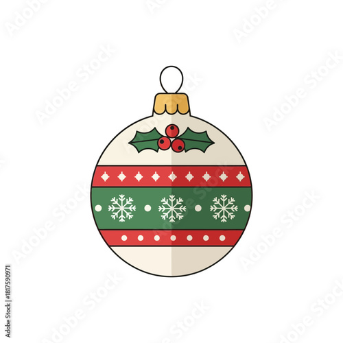 Festive Christmas Ornament with Holly and Snowflakes, Decorative Holiday Bauble for Seasonal Celebration