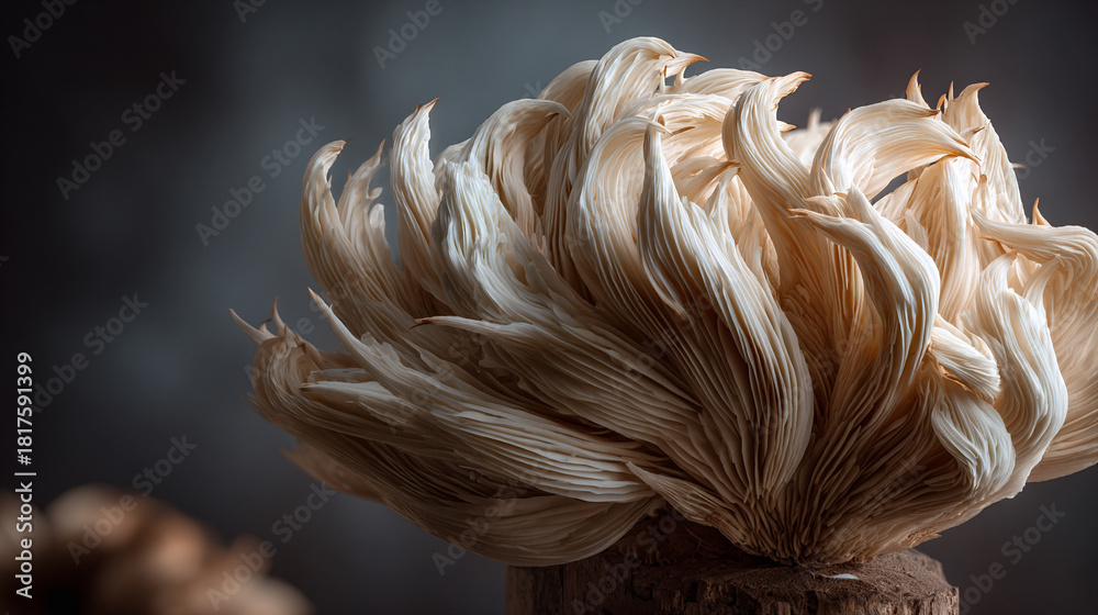 Fototapeta premium Close-up of Lion’s Mane mushroom showing intricate spiny texture and delicate natural fibers highlighting its unique organic structure, ideal for food, health, or botanical imagery
