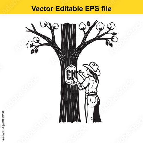 Farmer in cowboy hat carving initials into a tree trunk, vector illustration