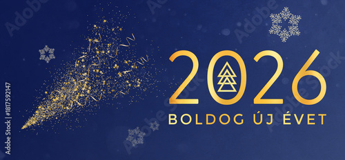 Christmas card in hungarian. Happy New Year 2026.Boldog új évet