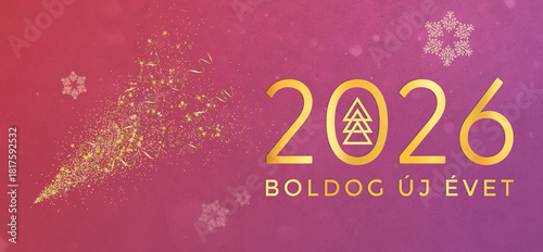 Christmas card in hungarian. Happy New Year 2026.Boldog új évet