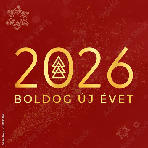 Christmas card in hungarian. Happy New Year 2026.Boldog új évet