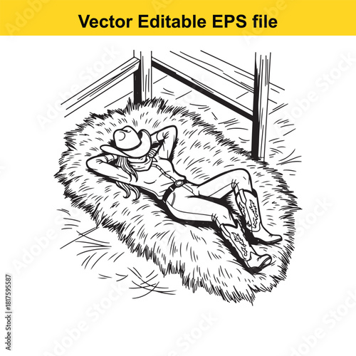 Cowgirl relaxing on a pile of hay wearing a cowboy hat and boots, vector illustration