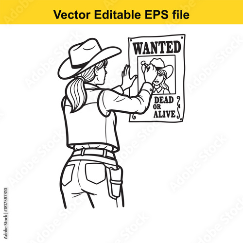 Woman in cowboy hat and vest putting up a wanted poster of a cowboy, isolated on