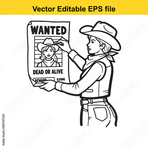 Cowgirl holding a wanted poster with her own picture on it, isolated on