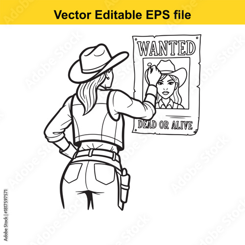 Cowgirl with a cowboy hat and vest, holding a pen, and looking at a wanted poster with her own image on it, isolated on