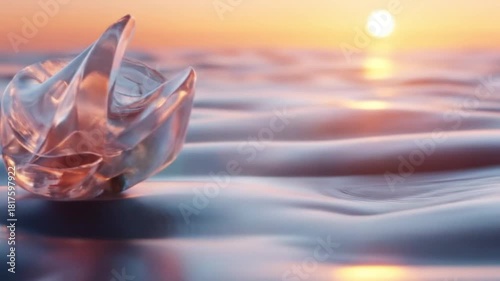 Translucent Gemstone on Serene Waters Reflecting Golden Sunset Radiance