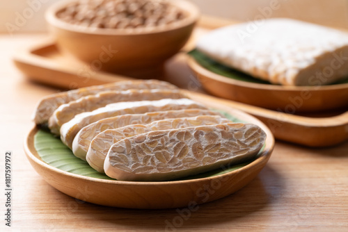 Tempeh made from fermented soybeans, Traditional Indonesian food, Healthy vegan and plant based ingredients