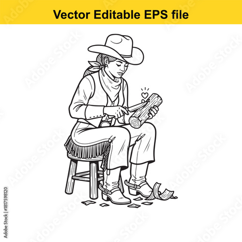 Cowgirl sitting on a stool, carving a piece of wood with a knife, isolated on