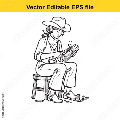A woman in cowboy attire is sitting on a stool and carving a piece of wood, isolated on