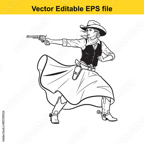 Cowgirl with a revolver in a dynamic pose, western, vintage, isolated on