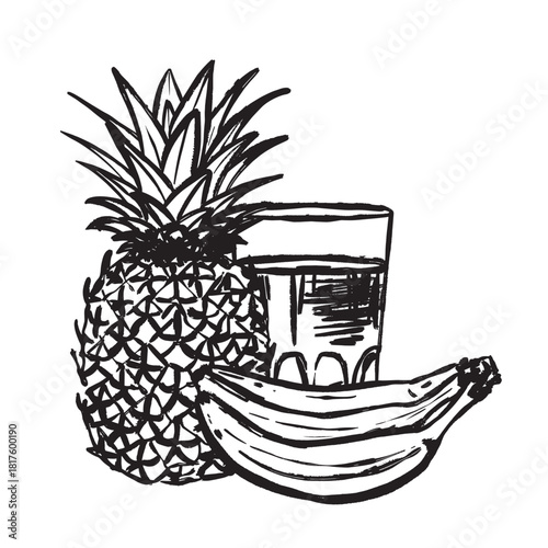 Sketch displaying pineapple and bananas for blended fruit beverage