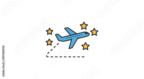 Airplane travel with star ratings a blue jet soaring with a dashed path illustrating holiday destinations great for travel blogs or promotion.