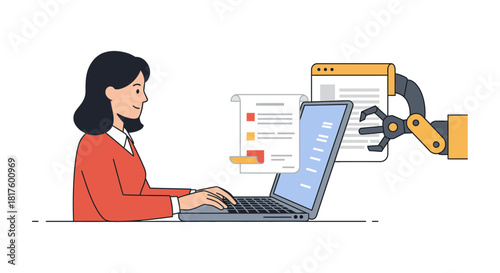 Automation in business woman using laptop with robotic arm process innovative technology solution for efficiency streamlining tasks and data handling modern office