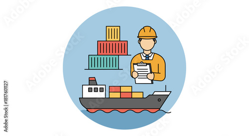 cargo ship inspection inspector with clipboard checking cargo containers illustrating global trade transport and logistics operations management.