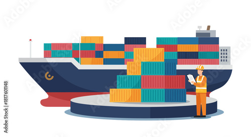 cargo ship inspection worker with clipboard checking containers at port illustrating global trade maritime transport and supply chain logistics