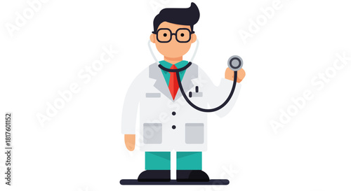 cartoon doctor holding a stethoscope ready to listen in a clean clinic setting ideal for health awareness campaigns and medical service promotions
