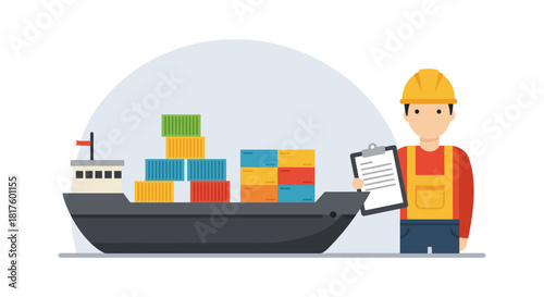 cargo ship inspection worker with clipboard overseeing container freight transport illustrating global trade and supply chain management operations