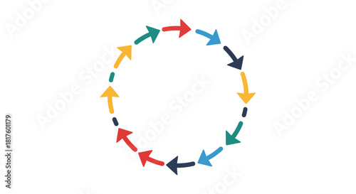 Circular process with arrows indicating workflow and progression ideal for illustrating continuous improvement or recycling in business science or technology contexts.