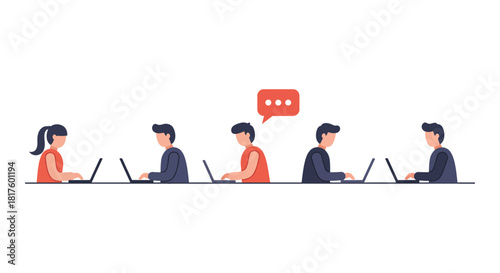 collaborative communication coworkers using laptops sharing ideas in a modern office concept of teamwork perfect for illustrating company culture