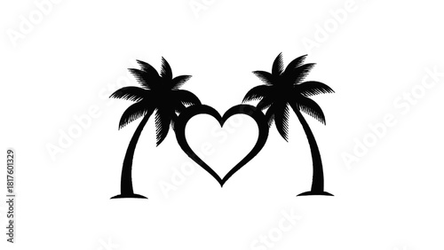 Vector illustration of silhouette of two leaning palm trees framing a heart shape isolated on transparent background 