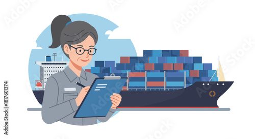 freight inspection a port agent checking cargo manifest at the harbor overseeing maritime transport ideal for logistics  supply chain themes.