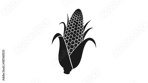 Vector illustration of black and white silhouette icon of an ear of corn with husk, isolated on transparent background