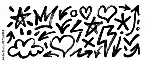 Bold brush drawn doodle shapes for graffiti street art poster design. Hand drawn thick heart and star symbols. Funky bold sticker collection. Naive brush graphic vector elements. Funky thick doodles.