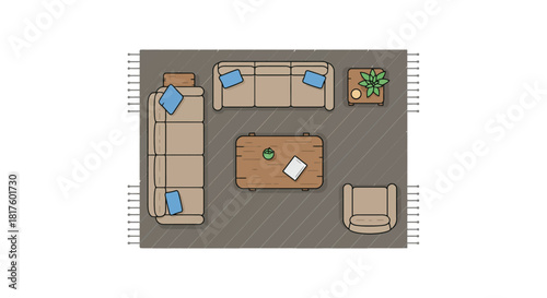 living room layout furniture arrangement with sectional sofa three-seater couch and armchair on rug ideal for interior design visualization.