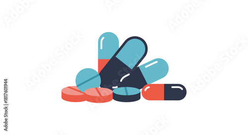 pills and capsules various medication on white background essential for healthcare product marketing promoting medicine information and medical treatments.
