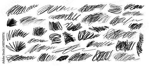 Crayon or charcoal scribbles, messy chaos lines, freehand scratches. Hand drawn doodle squiggles and scribbles with pencil or chalk texture. Chalk or rough dry marker messy strokes.