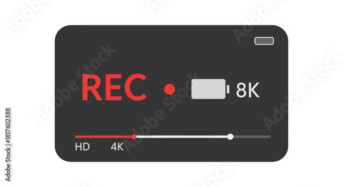 8k video recording in progress indicating high resolution with a battery indicator suitable for showcasing advanced video features in marketing materials