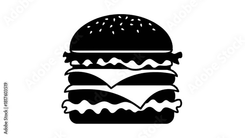 Vector illustration of black and white silhouette icon of a double cheeseburger with sesame seed bun isolated on transparent background 
