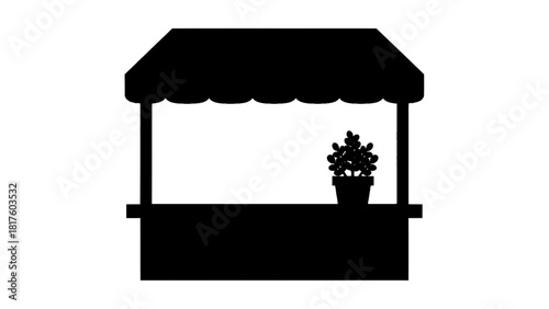 Vector illustration of black silhouette icon of a market stall or booth with a small potted plant on the counter, isolated on transparent background 