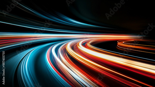 Curved light trails stretching upward showing fast moving car acceleration and motion on a night road with city lights creating a dynamic high speed concept background