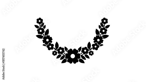 Vector illustration of black silhouette of a floral garland or wreath element forming a decorative u shape isolated on transparent background 