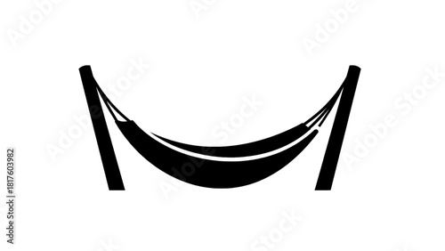 Vector illustration of simple black silhouette icon of a hammock suspended between two posts, isolated on transparent background 