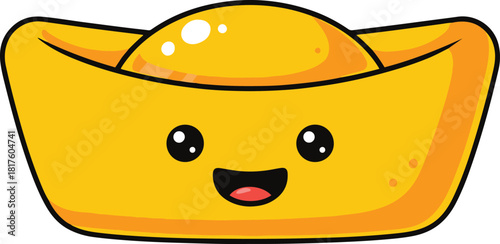 Flat vector illustration of a cute cartoon Chinese gold ingot (Yuanbao) character with a happy smiling face, symbolizing wealth, fortune, and prosperity for Lunar New Year celebrations.