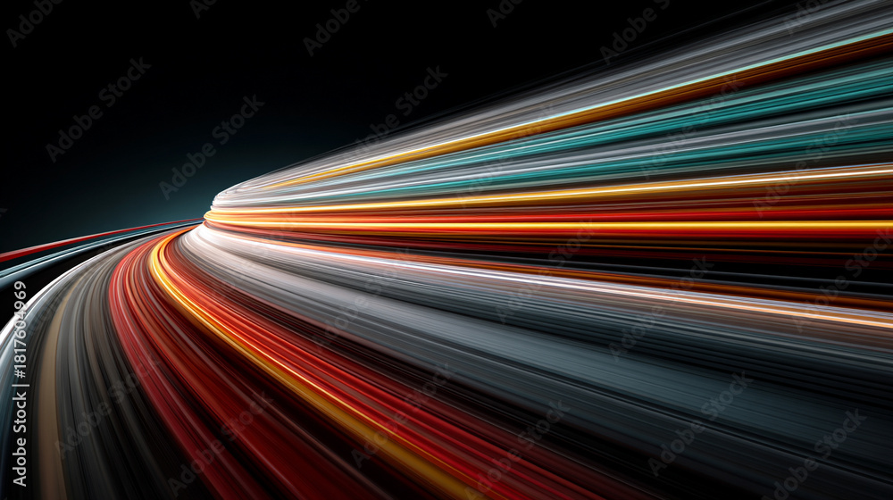 Fototapeta premium Curved light trails stretching upward showing fast moving car acceleration and motion on a night road with city lights creating a dynamic high speed concept background