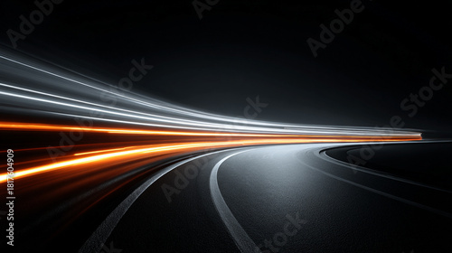 Curved light trails stretching upward showing fast moving car acceleration and motion on a night road with city lights creating a dynamic high speed concept background