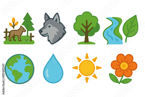 Nature and wildlife icon set. Earth day, environment, eco, animal, landscape in flat style