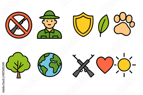 Conservation and wildlife flat icon set. Nature, protection, environment vector icons.