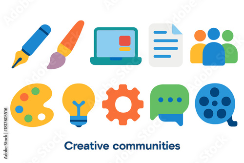 Creative community flat icon set. Collaboration, art, media elements collection