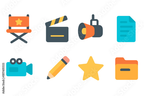 Media production icon set in neon style. Movie making, filmmaking, editing icons collection