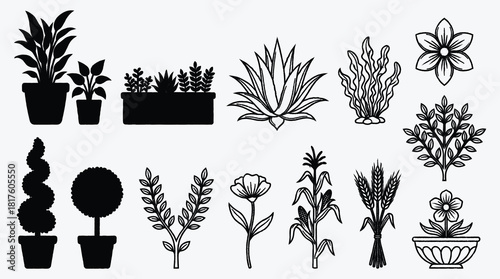 Assorted Black and White Plant Silhouettes for Gardening and Decoration
